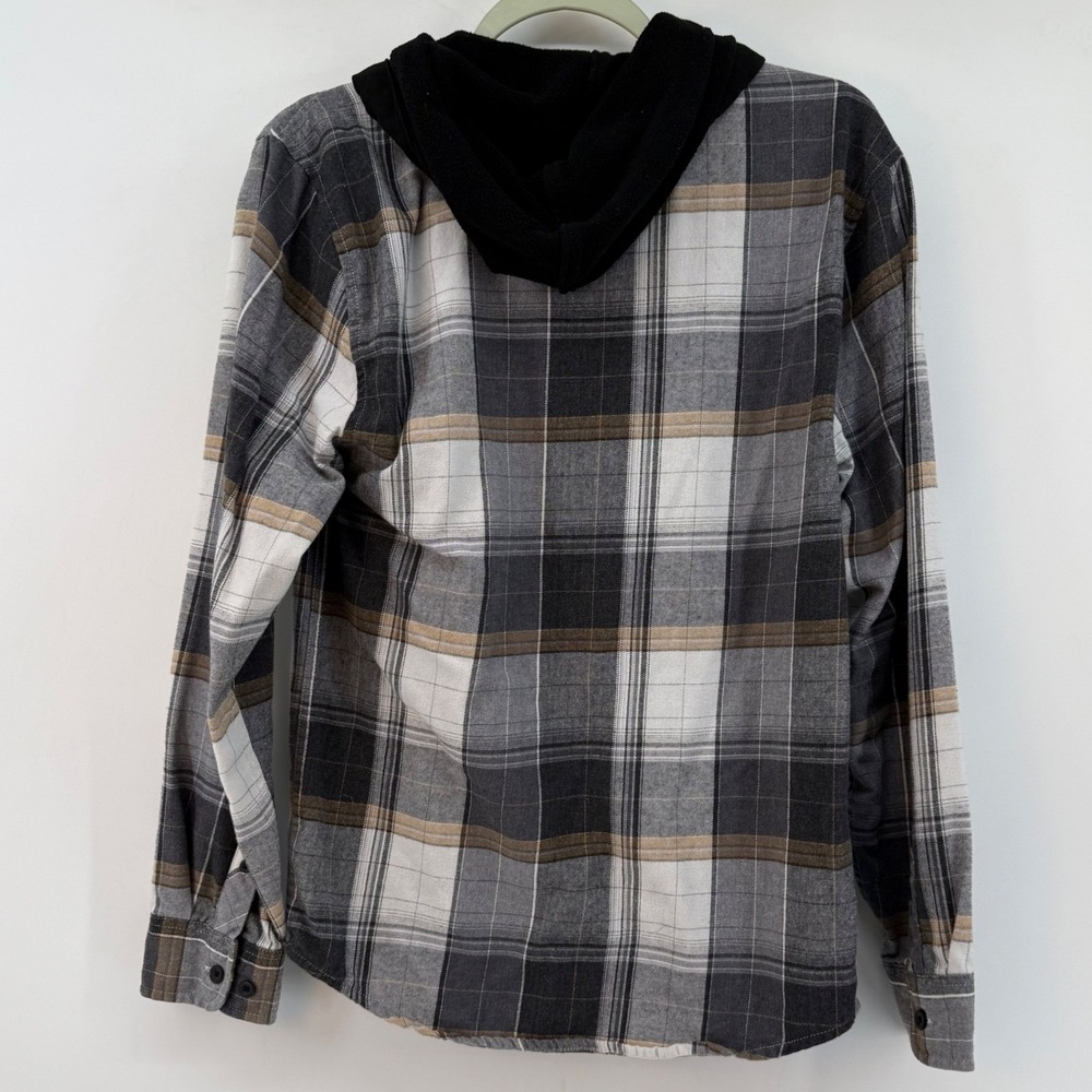 No Boundaries Plaid Flannel Shirt Hooded Jacket Gray White Brown Mens XS - Picture 3 of 7